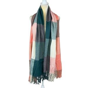 Unisex Multicolored Plaid Acrylic Fringe Scarf 70” x 24” Inches